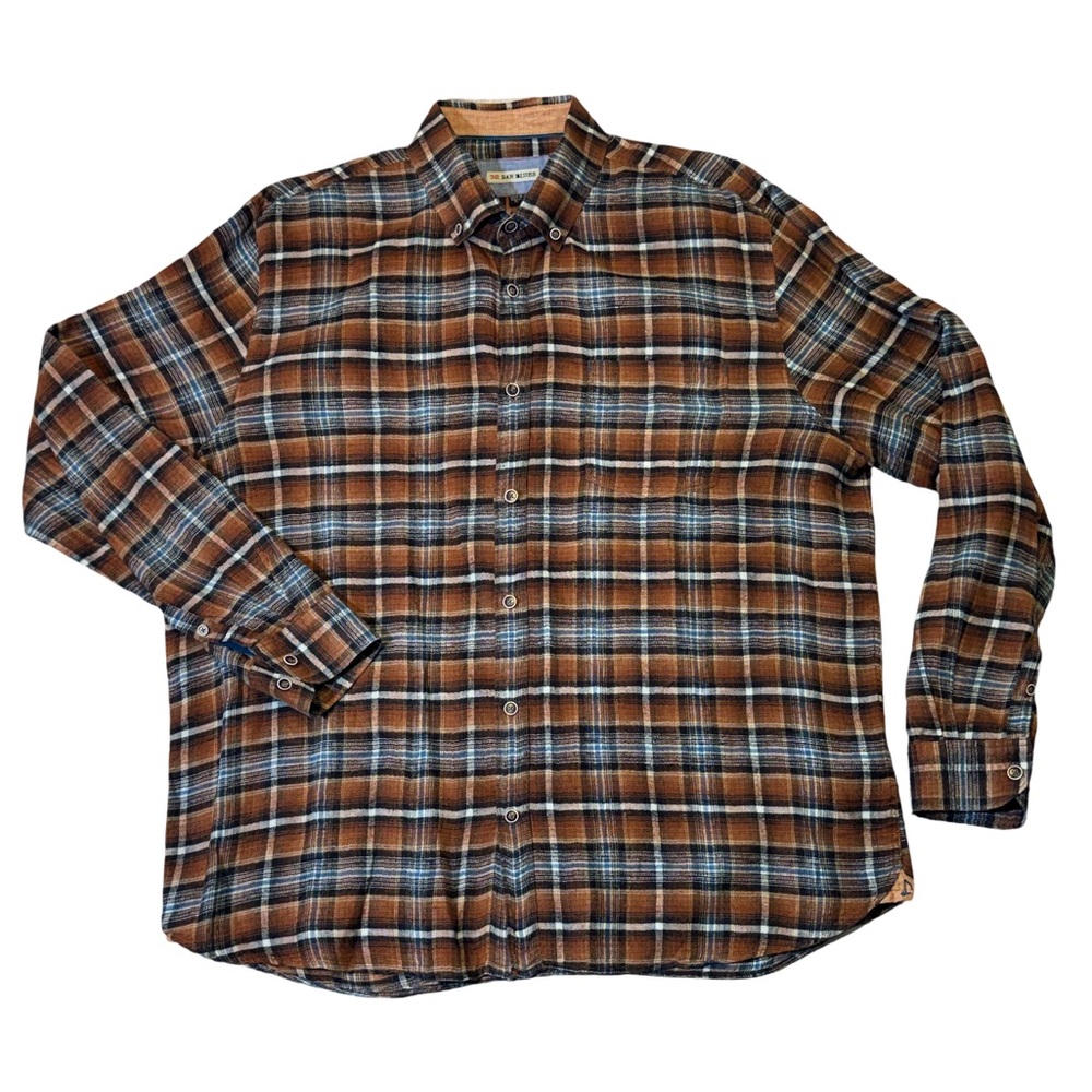 32 Bar Blues mens XL brown plaid 100% linen oxford button up casual shirt EuC